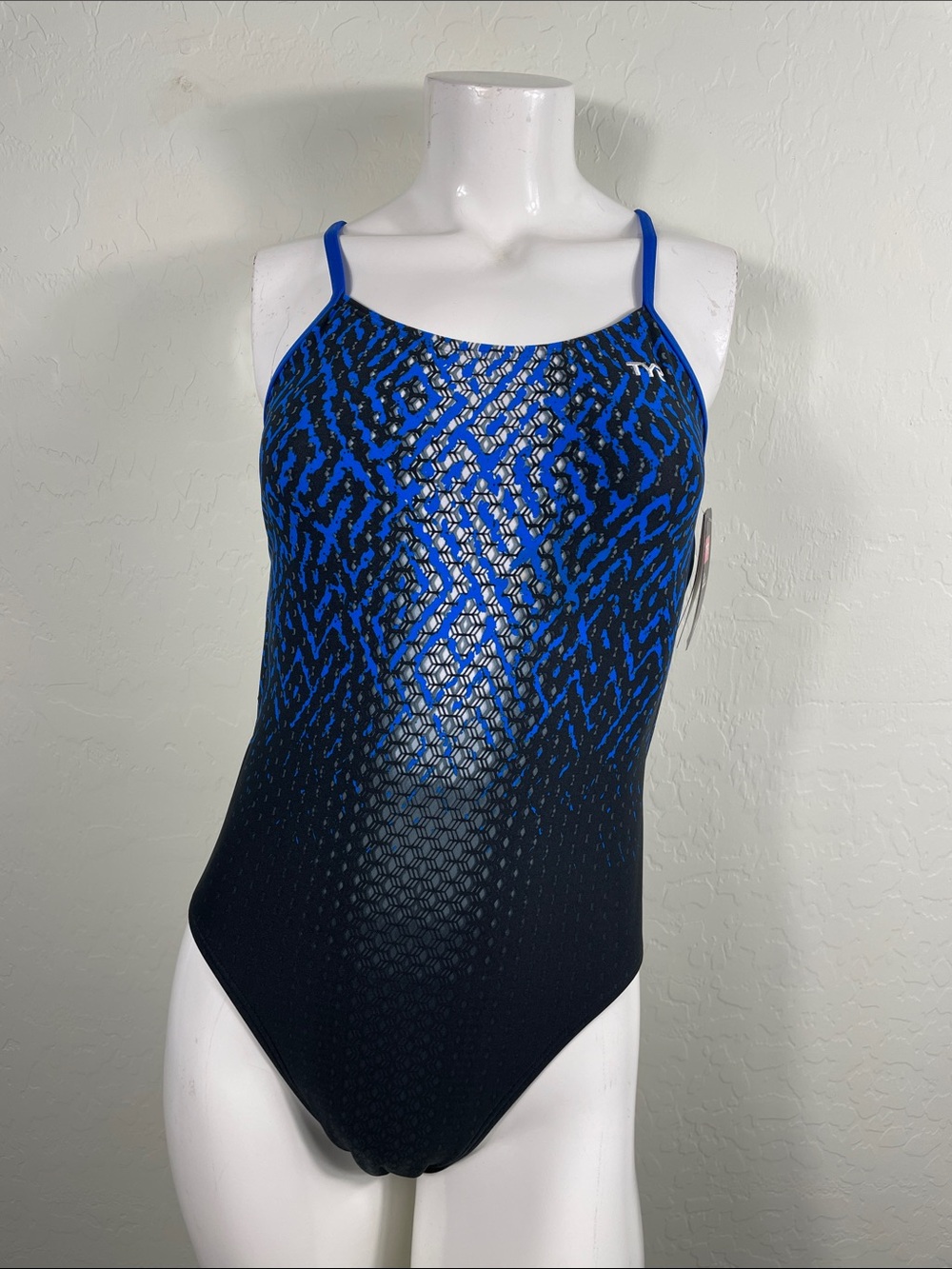 TYR Blue and Black Patterned Training One-Piece Swimsuit - Picture 2 of 7
